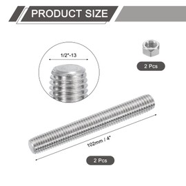 sourcing map 1/2"-13 Fully All Threaded Rod, 2Pcs 304 Stainless Steel Long Threaded Screw 4" Length Right Hand Threads for Furniture Mounting Assembly Fastening