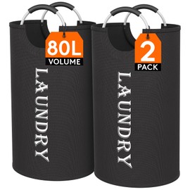 Lifewit 80L 2-Pack Large Laundry Basket, Collapsible Laundry Hamper with Aluminum Handles, Waterproof Freestanding Dirty Clothes Hampers for Laundry Room Bedroom Dorm Bathroom, Black