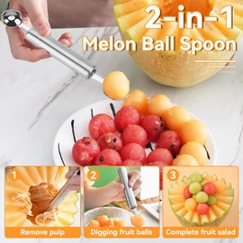 2 En 1 Cuchara de Baller de Melón, Cortadora de Sandía de Acero Inoxidable de 21cm, Kit de Cortador de Molino de Viento de Sandía con Cuchara de Melón, Utensilio de Cocina para Cortar Frutas