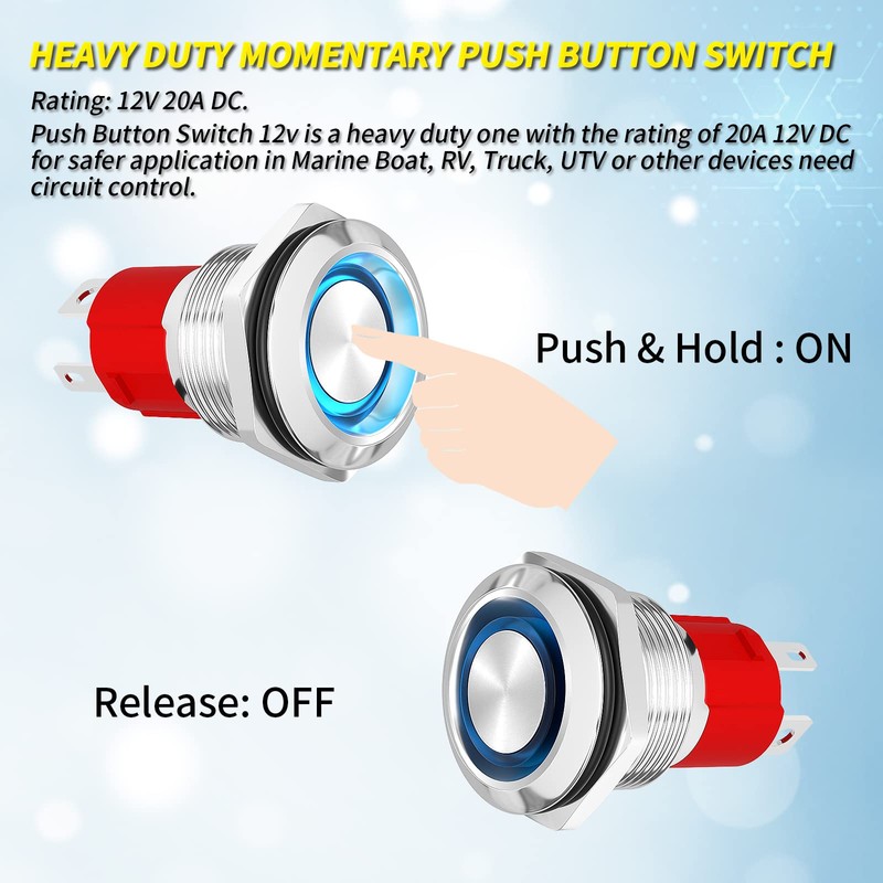 Joinfworld 20 Amp Momentary Push Button Switch 12V Marine Waterproof