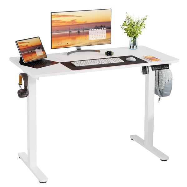Meilocar Height Adjustable Electric Standing Desk, Adjustable Desk Standing Desk with Memory Controller, White Adjustable Standing Desk with Splice Board, 48" x 24" Tabletop (White Top + White Frame)