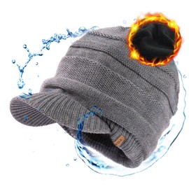 TOP-EX Waterproof Merino Wool Peaked Beanie Hat Men Oversized Winter Hats with Brim Warm Fleece Lined for Big Heads Newsboy Baker Boy Cap for Golf Running Grey XL/XXL