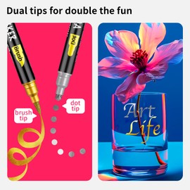 6 Gold & Silver Acrylic Paint Pens, Dual Tip Acrylic Paint Markers (Dot Tip + Brush Tip), Acrylic Markers for Rock, Fabric, Canvas, Glass, Wood, Paper, DIY, Ceramic,Paint Markers for Kids and Adults