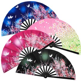 BBTO 4 Pcs Clap Fans for Line Dancing UV Glow Large Folding Hand Rave Fan Men Women Chinese Japanese Bamboo Clack Hand Fan for EDM Music Festival Club Party Dance Gift, 4 Styles, 25"(Lively)