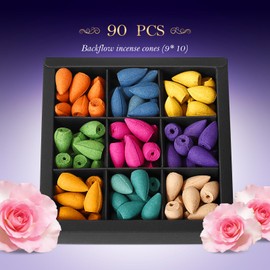 OTOFY Backflow Incense Cones for Waterfall Aromatic Smoke Fountain Haze Falls 9 Mixed Waterfall Incense Rose Lavender for Backflow Incense Holder |Gift Ste-Pack of 90 Cones (White Cover on Black)