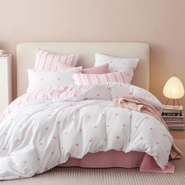 Lanqinglv Bed Linen 135 x 200 cm Girls White Pink Red Hearts Children's Microfibre Bed Linen Set Hearts Oeko-Tex Bed Linen Set - Soft Duvet Cover with Zip and 1 Pillowcase 80 x 80 cm