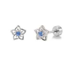 20g Hollow Blue CZ Flower Screw Flat Back Small Stud Earrings for Women Stainless Steel Cute Floral Cherry Cubic Zirconia Crystal Cartilage Tragus Piercing Little Studs Hypoallergenic Fashion Jewelry for Daughter Xmas (Silver)