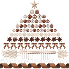 Poen 108 Pcs Christmas Tree Ornament Set Including Xmas Tree Ball Glitter Poinsettia Bows Berries Stems Leaves Snowflakes Ribbon Lights for Christmas Decoration(Brown and Champagne)