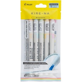 PILOT KIRE-NA Marcatextos 5 Colores Pasteles, Punta Doble con Guía, Secado Rápido, Líneas Precisas, Paquete de 5