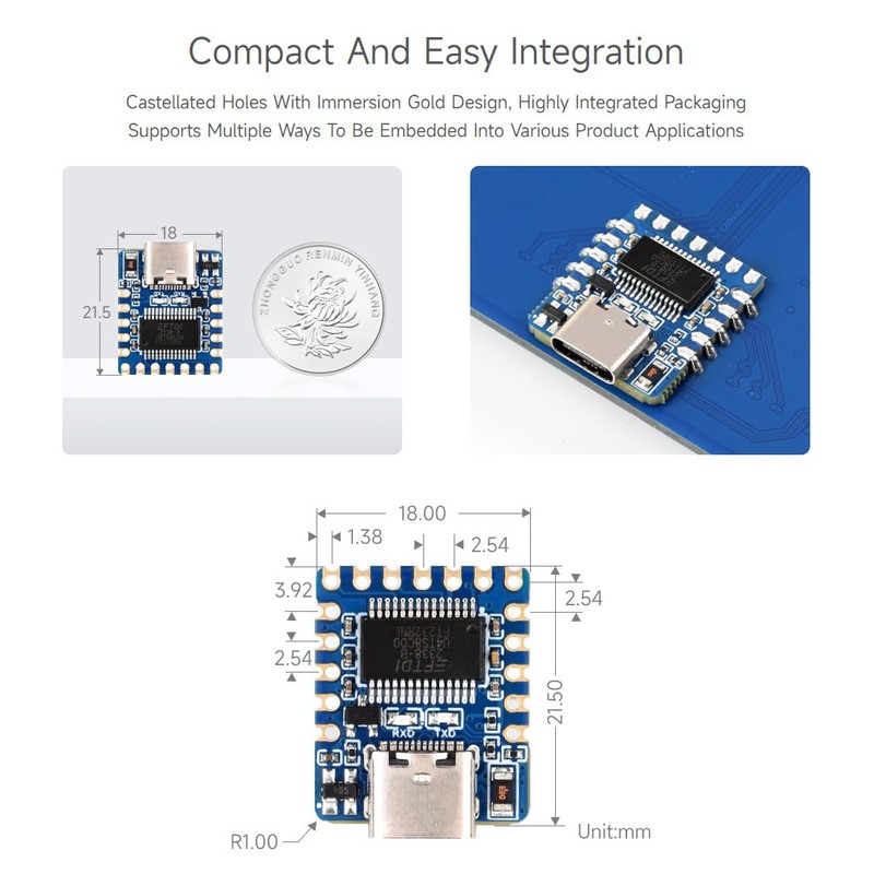 Waveshare USB to UART (TTL) Mini Communication Module, Stable Communication,