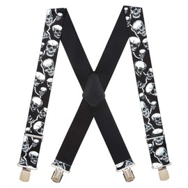Suspender Store Novelty Skull Design Suspenders - 2-Inch Wide Elastic - X-Back - Pin Clip - 48" for 5'9" to 6'2" tall