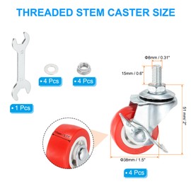 PATIKIL 1.5 Inch Swivel Caster Wheels with Brake Set of 4, M8 x 15mm Ball Bearings Threaded Stem PVC Castors Total Load Capacity 231 Lbs with Nuts Gaskets Wrench for Furniture Chairs, Red