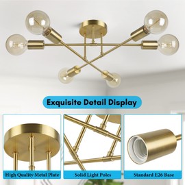 Modern Sputnik Chandelier 6-Light Gold Semi Flush Mount Ceiling Light Fixture with E26 Base Industrial Mid Century Sputnik for Bedroom Dining Room Kitchen Hallway Foyer Living Room