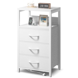 NightStand Bedside Charging Table Bedroom - White Night Stand with Charger Station, USB-C USB Ports & AC Outlets for Dorm, Living Room, Modern End Table with Open Shelf & 3 Fabric Drawers