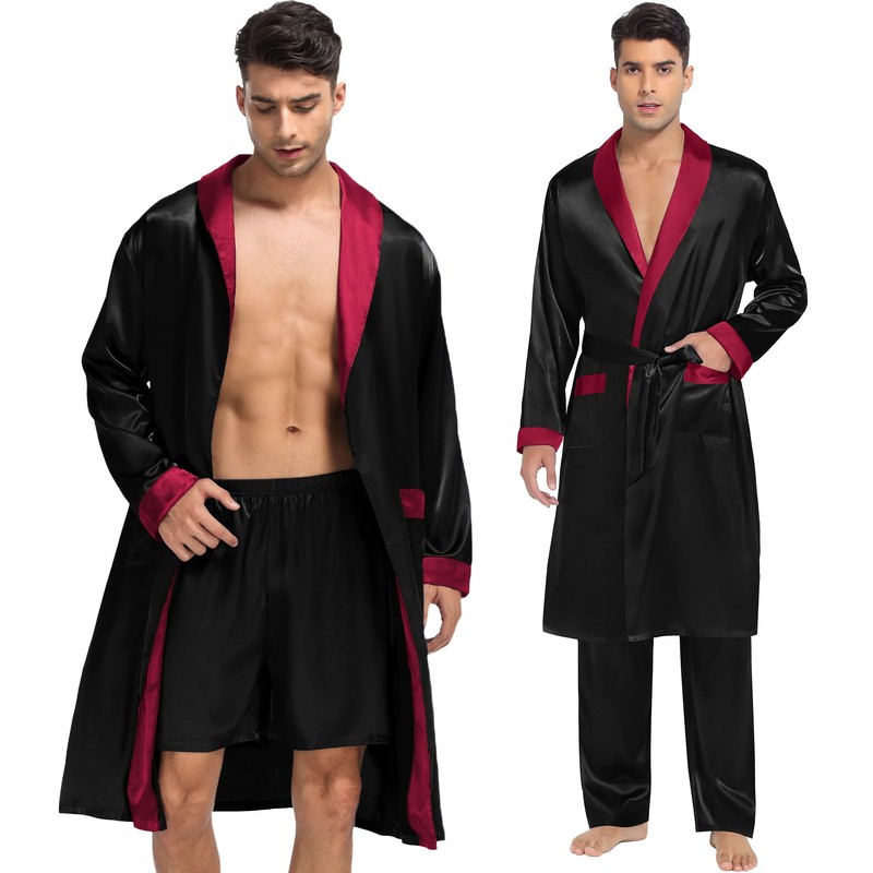 SWOMOG Men's 3 Pcs Robe Silk Satin Kimono Bathrobe with