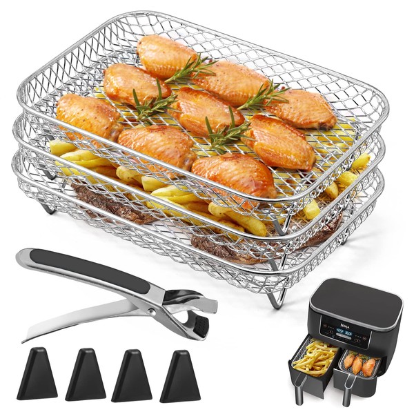 Air Fryer Rack for Ninja Dual Air Fryer Kannino 3pcs Layered Dehydrator Racks Stainless Steel Grilling Rack Rectangle Air Fryer Basket Tray with Clip and Heighten Feet Pad for Double Basket Air Fryers