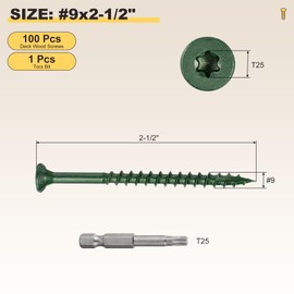 METALLIXITY Deck Screws (#9x2-1/2") 100Pcs, Carbon Steel Wood Screw Decking Screws with T25 Torx Drive Head - for Wood Fence, Table, Chairs, Green