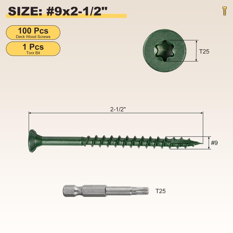 METALLIXITY Deck Screws (#9x2-1/2") 100Pcs, Carbon Steel Wood Screw Decking