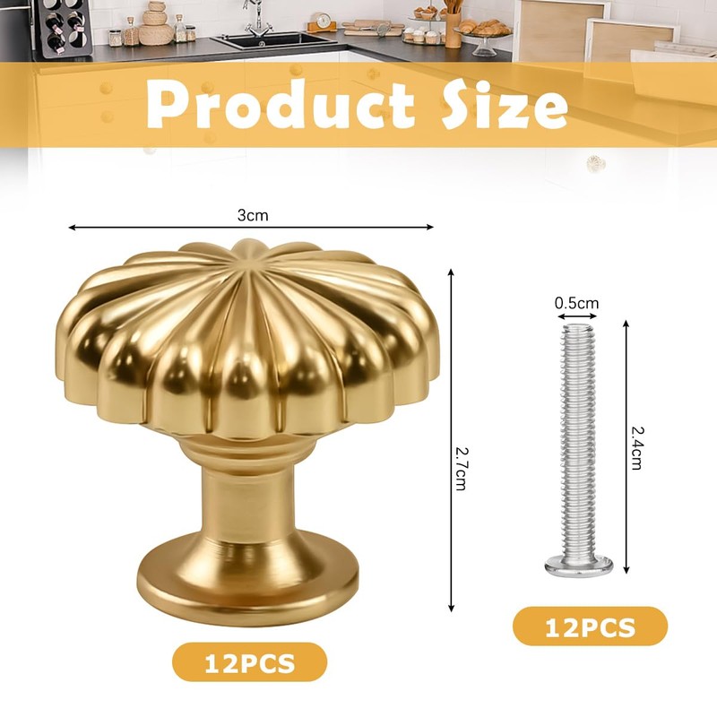 YBCCBY 12 Pack Gold Cabinet Knobs, Pumpkin-Shaped Brass Handle, 28mm