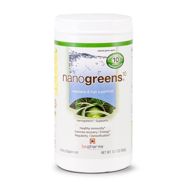 Biopharma Scientific NanoGreens : Greens Superfood Fruit & Vegetable Powder Smoothie Mix for Digestive Health & Immunity with Spirulina, Chlorella, Kale, Spinach, Plant Based Enzymes, Natural Green Apple Flavor, 30 Servings