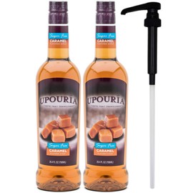 Upouria Sugar-Free Caramel Coffee Syrup Flavoring, 100% Vegan, Gluten-Free, Kosher, Keto, 750 mL Bottle (Pack of 2) with Coffee Syrup Pump