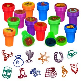 Cinrobiye 24 Pcs Western Cowboy Party Stampers for Boys Girls,Wild West Birthday Party Supplies Favors, Classroom Rewards Carnival Prizes, Goodie Bag Fillers for Wild West Wooden House BarnParty