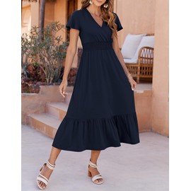 Bluetime Women Dresses Summer Casual Midi Dress Wrap V Neck Swing Ruffle Short Sleeve A-line High Waist Tiered Long Dress, Navy Blue, X-Large
