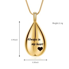 Minicremation Urn Necklaces for Ashes Carved Always in my heart Teardrop Keepsake Ashes Necklace Urn Pendant Cremation Memorial Jewelry