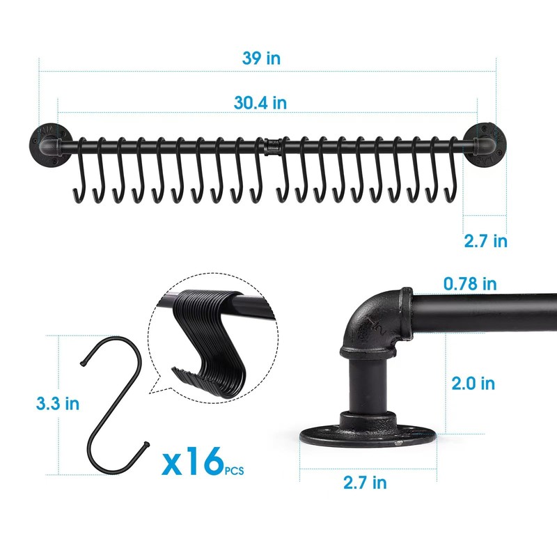 Bailoo Industrail Pipe Pot Pan Rack, Wall mount Pot hangers