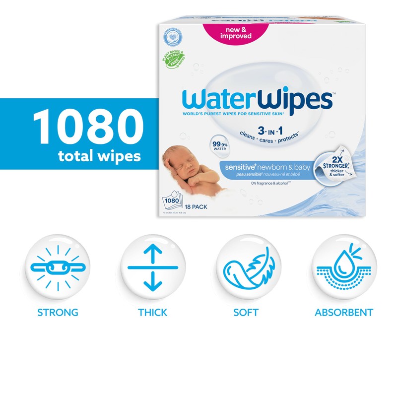 WaterWipes Original Baby Wipes, 99.9% Water, 3-In-1 Cleans, Cares, Protects,