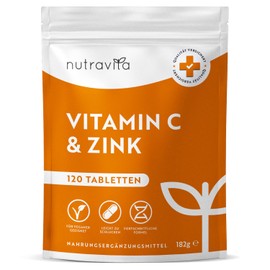 Vitamin C & Zinc - 120 Tablets - High Dose with 1000 mg Vitamin C + 20 mg Zinc - Laboratory Tested, Vegan & Optimally Bioavailable - Without Unnecessary Additives - Support of the Immune System - Nutravita
