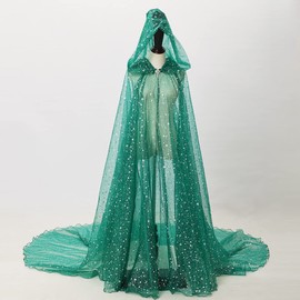 Women Wedding Tulle Cape Hooded Elf Cloak Bridal Dress Robe with Long Train