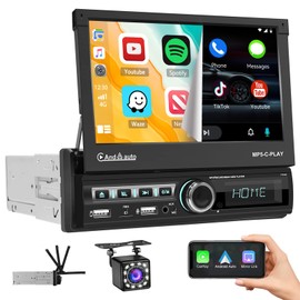 Inefala 7 Inch Single Din Flip Out Car Stereo with Wireless Carplay Android Auto, HD Motorized Touchscreen with Online Video FM Bluetooth EQ SWC USB/AUX/TF Port Backup Camera MIC