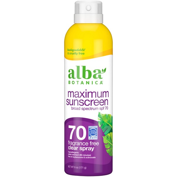 Alba Botanica Maximum Sunscreen Spray, SPF 70, Fragrance Free, 6 Oz