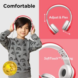 LilGadgets Connect+ Wired Kids Headphones for School with Microphone, Volume Limiting & Noise Cancelling On-Ear Headset with Cord, SharePort Technology & SoftTouch Padding, Red