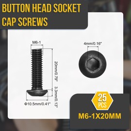 DTGN M6-1x20mm Button Head Socket Cap Screws - 25Pack - Good for Road Bicycle, Mountain Bike, Auto, Motorcycle - Carbon Steel Black Oxide - Hex Drive Fasteners