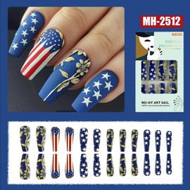 Independence Day Press on Nails Long Length Ballet Shaped Flower Stripes Pattern Design 4th July Patriotic Fake Nail Full Cover Stars Acrylic False Nail Artificial Glue on Nails for Women 24Pcs