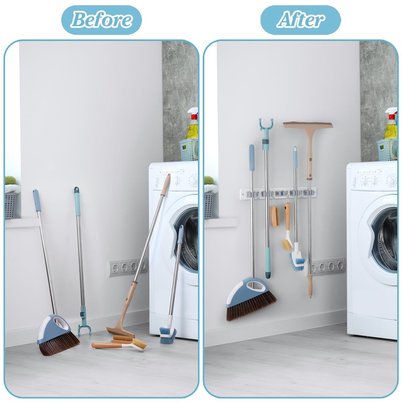White Broom Holder Wall Mount - Heavy Duty Wood Mop