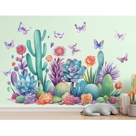 DRWSSR 2 Sheets Creative Watercolor Green Plants Wall Decals Removable DIY Cactus and Flower Wall Sticker Peel and Stick Butterfly Wall Art Decor for Girls Nursery Bedroom Living Room Wall Corner
