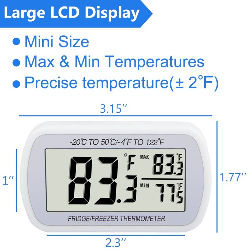 Refrigerator Thermometer Digital Fridge Freeze Room Thermometer Waterproof Large LCD