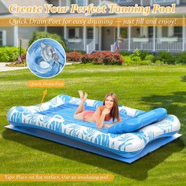 Inflatable Tanning Pool Floats for Adults, Rrtizan 4 in 1 Pool Rafts with Pillow and Cup Holder, Pool Lounge Floatie Suntan Tub Sunbathing Pool for Backyard, Pool, Kids' Ball Pit, 83.5" x 52.4"