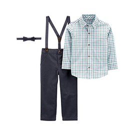 Simple Joys by Carter's Baby Boys' 4-Piece Special Occasion Bow-tie and Suspender Pants Set, Charcoal/Green Grey Checked/Navy Dots, 4T