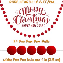 Jishi 3Pk Red Felt Berry Pom Pom Ball Garland Christmas Decorations Indoor Home Decor, Cute Red Berry Christmas Tree Ornaments, String of Pompom Bead Garland Hanging Xmas Holiday Birthday Party Banner