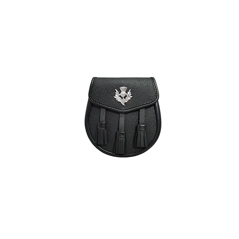Uneed 100% BLACK LEATHER SPORRAN WITH THISTLE AND 3 TASSELS