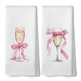XPH Coquette Pink Bow Champagne Kitchen Dish Towels Set of 2, Cocktail Lover Gifts for Women, Preppy Pink Wine Flutes Hand Towels Kitchen Bathroom Bar Home Tea Towels Decorations, 16x30inch