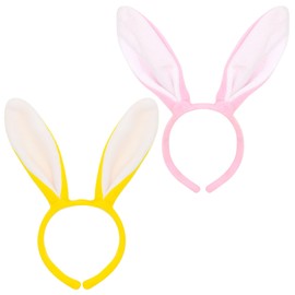 Easter Bunny Ears - 1x Pair of Pink Rabbit Ears + 1x Pair of Yellow Rabbit Ears - Easter Egg Hunt Fancy Dress Accessory Set