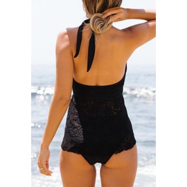 Beachsissi Women's Soild Colour Two-Piece Bikini Halterneck Ruffle Hem Beachsuits Lace Panel Cute Tankini Sets, black