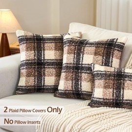 JOJOGOGO Fall Brown Buffalo Plaid Sherpa Pillow Covers 18x18 Set of 2, 18 x 18 Cozy Fluffy Curly Farmhouse Checkered Pillow Covers, Black Tan Brown Fuzzy Sweater Cable Knit Decorative Throw Pillows