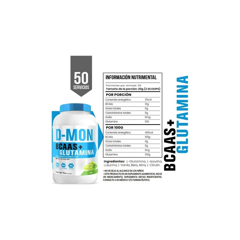 Aminoácidos Bcaas + Glutamina D-mon 1kg Sabores Full Uva