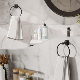 WZRUA Hand Towel Holder for Bathroom Matte Black Towel Ring Stainless Steel and Zinc Alloy Towel Hanger Wall Mount for Bath, Kitchen, 2 Pack